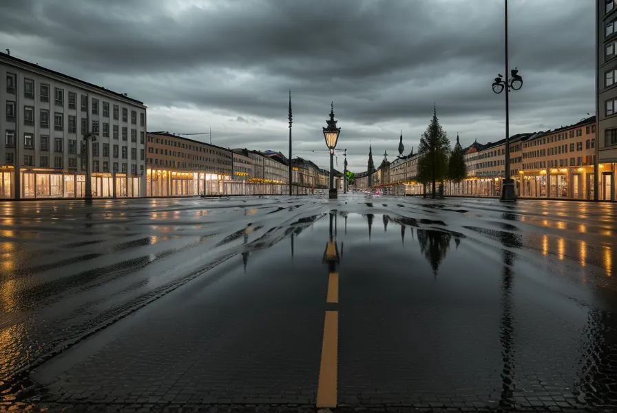 Blick aus dem Fenster in Neuhausen auf einen leeren Parkplatz im Regen – Alltag ohne Auto in München