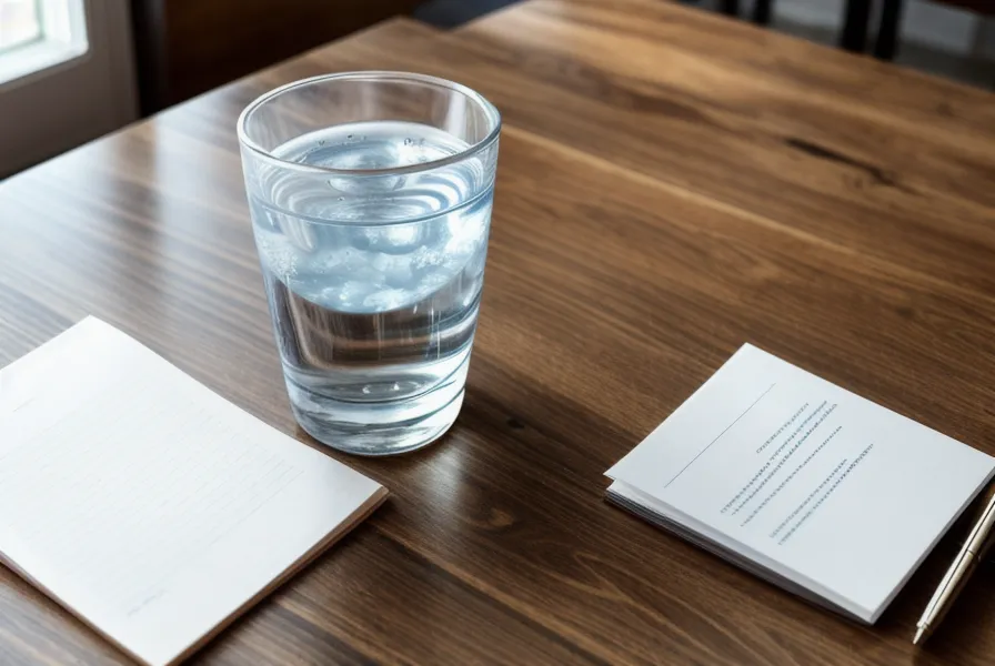 Ein Glas Wasser und Vorbereitungsunterlagen für die MPU auf einem Holztisch, passend zum Faktencheck über Alkohol-Abstinenz.