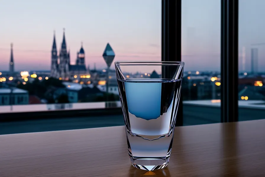 Blick aus einem Fenster in München-Neuhausen während der blauen Stunde mit einem Glas Wasser statt Wein.
