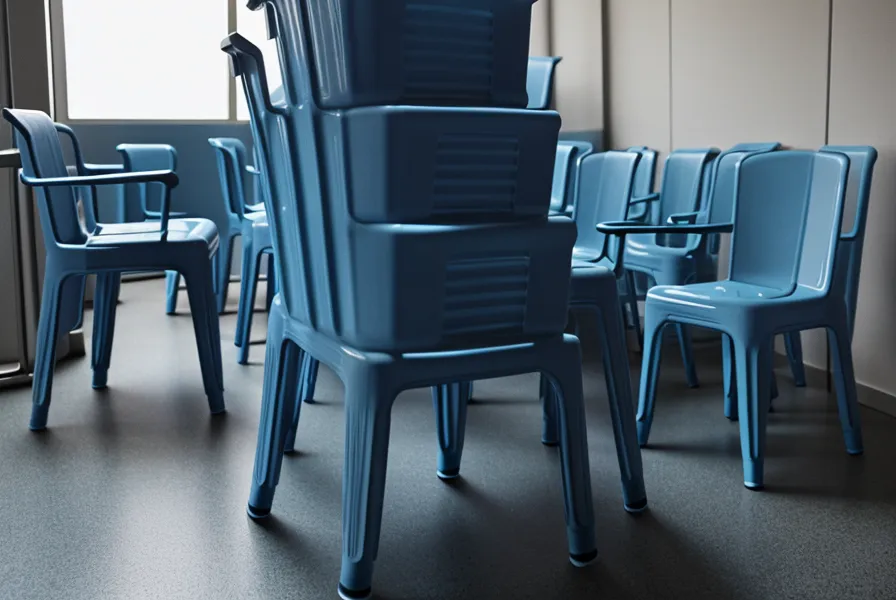 Blaue Plastikstühle im Saal am Stiglmaierplatz während eines MPU Infoabends in München – erster Schritt in der MPU-Vorbereitung.