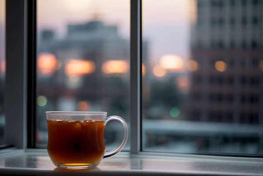 Abend in München-Neuhausen mit Fensterblick und einer Tasse kaltem Tee während der Alkohol MPU Vorbereitung